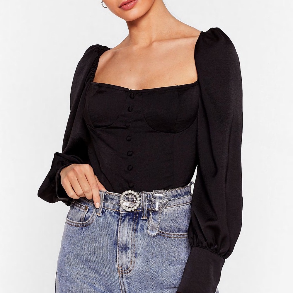 Nasty Gal Puff Sleeved Button Tie Back Top